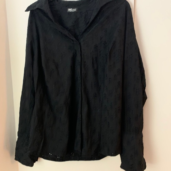 INC Stretch Black Embroidered Button Up Black Top - Picture 8 of 9